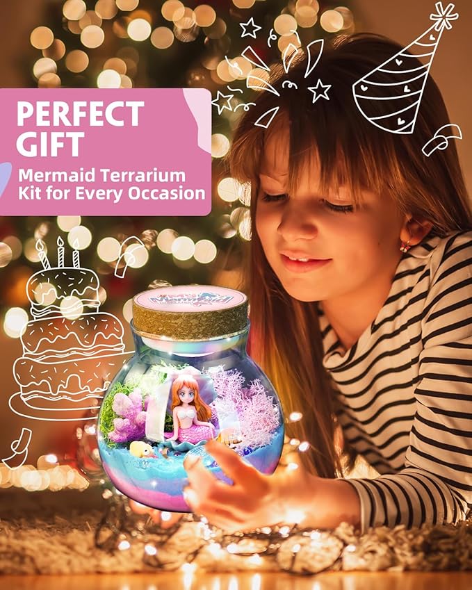 Light-Up Mermaid Terrarium Kit for Girls, DIY Arts & Crafts Gift for Girls Ages 4-6 7 8-12 Year Old, LED Night Light with Remote, Best Mermaid Birthday Decoration Toys Gifts for Kid