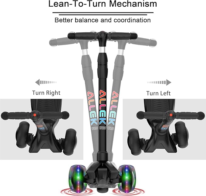 Allek Kick Scooter B03, Lean 'N Glide 3-Wheeled Push Scooter with Extra Wide PU Light-Up Wheels, Any Height Adjustable Handlebar and Strong Thick Deck for Children from 3-12yrs (Black)
