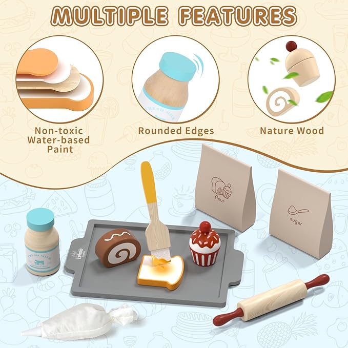 Lehoo Castle Play Food Set for Kids Kitchen, Play Kitchen Accessories Wooden, Kids Baking Set for Boys, Toys Cupcakes and Cookie Maker, Preschool Cooking Toys for Toddlers Boys Girls Ages 3+