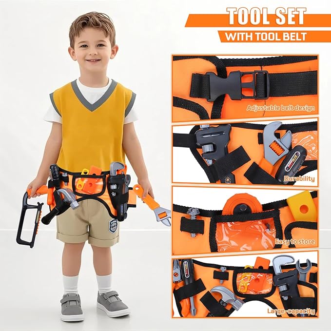 Magic4U 52PCS Toddler Tool Set with Electric Drill Toy & Kids Tape Measure, Pretend Play Construction Toys Costume with Kids Tool Belt, Toy Tool Bag for Boy Girls Age 3-8