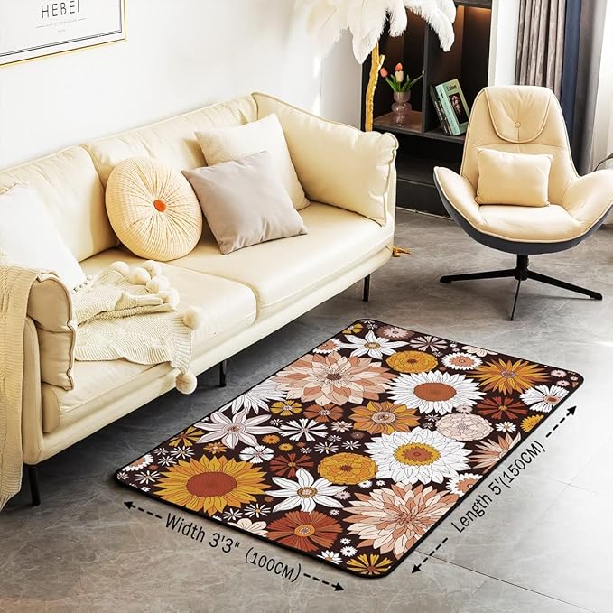 Bohemian Fall Floral Rug 3x5 Retro Groovy Flower Power Area Rug Boho Eyes Hippie Carpet for Teen Girls Adults Women Garden Sunflower Daisy Vintage Non Slip Decorative Rug for Bedside