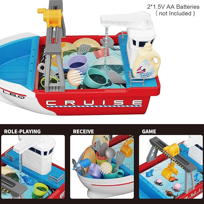 Ship Toy, Toy Boats for Water Play, Kids Bath Toy with Mini Fishes & Tools Dolls, Bathtub Bathroom Pool Beach Toy Set for Toddlers Boys, Toy Boats for Pool