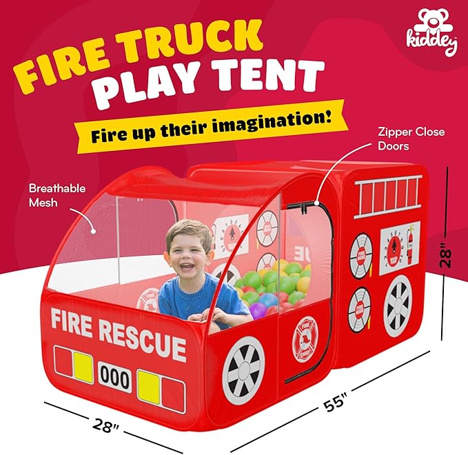 Kiddey Fire Truck Play Tent for Kids - Firetruck Tents with Sirens and Fireman Sound Button for Girls, Boys, & Toddlers Gifts - Red Fire Engine Pop Up Playhouse for Toddler - Indoor & Outdoor