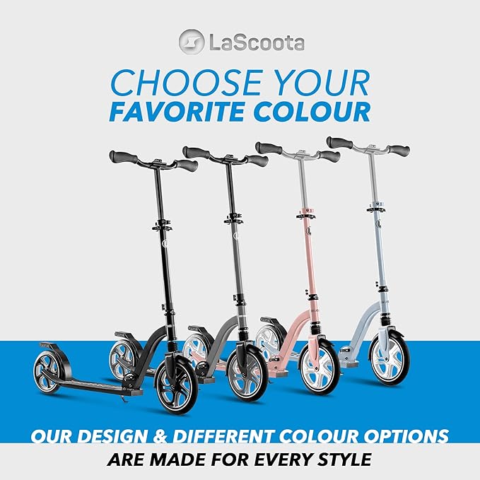 LaScoota Kick Scooter for Kids Ages 6+, Teens & Adults, Large 8" Sturdy Urethane Wheels. Adjustable Handlebar, Lightweight, Foldable, 220lbs Max Load