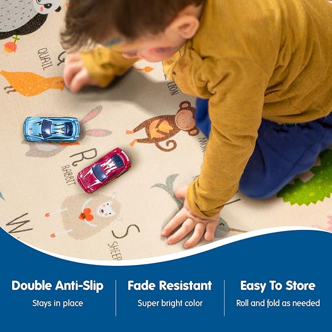 Booooom Jackson ABC Kids Classroom Rugs - 5'x6'6" Educational Numbers and Animal Carpet for Preschool, Classroom, and Kid's Room Safety and Learning - Alphabet Rug for Boys and Girls