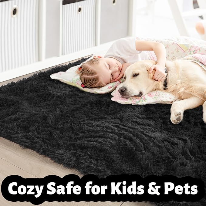 Black Rug 8x10 for Living Room Bedroom, Large Big Fluffy Modern Area Rugs for Kids Room Decor Aesthetic, Shaggy Furry Floor Carpet for Dorm Office Playroom Nursery Classroom, Baby Teen Boys Mens Rug