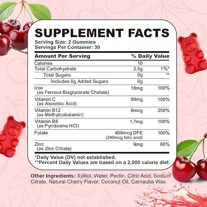 Iron Supplement for Women & Men Gummies, Multivitamin Blood Builder Iron Supplement with Folate Vitamin C B12 B6 Zinc for Adults & Kids - Energy Support - Cherry Flavor, Vegan 60 Gummies