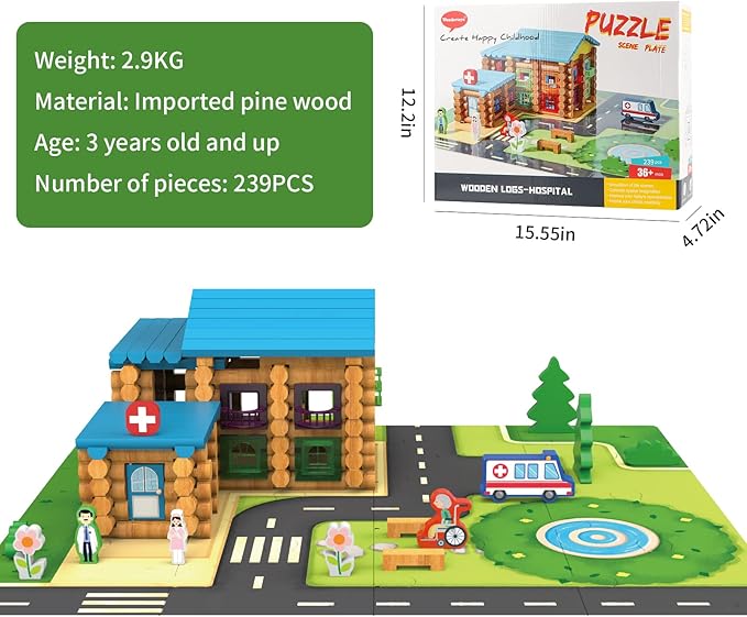 Wondertoys 239 Pieces Real Wood Logs Set Ages 3+, Classic Building Log Gift Set for Boys/Girls– Creative Construction Engineering - Top Blocks Game Kit - Preschool Education Toy