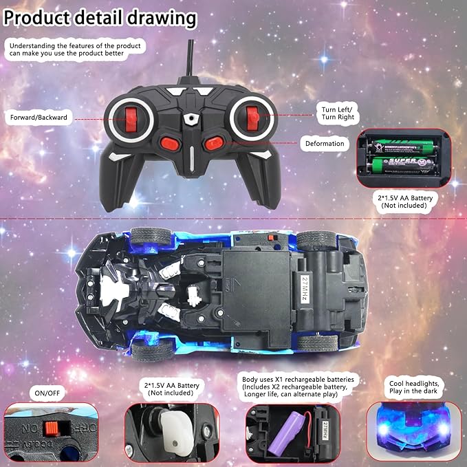 Remote Control Car for Kids,2.4Ghz One-Button Deformation 360°Rotating Drifting Racing Car, with LED Lights for Kids Toddles Boys Age 4-7 Birthday Gifts