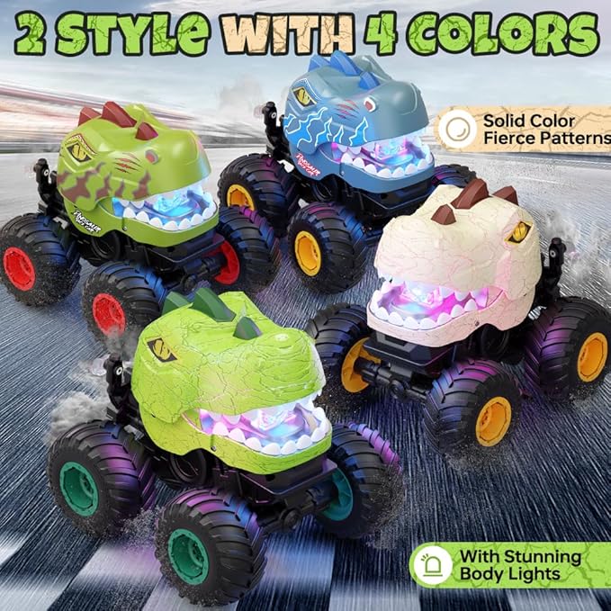 Remote Control Car for Boys Age 4-7 8-12, 50min+ Runtime Dinosaur Monster Truck Toy with Spray, Light, Music, 360 Rotating, 90 Driving, All Terrain Dinosaur Toy for Kid Birthday Gift