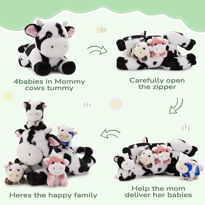MorisMos 5Pcs Cow Plush Stuffed Animals, 16inch Mom Cow with 4 Babies, Realistic Stuffed Cows Plushies Toy for Kids, Boys, Girls
