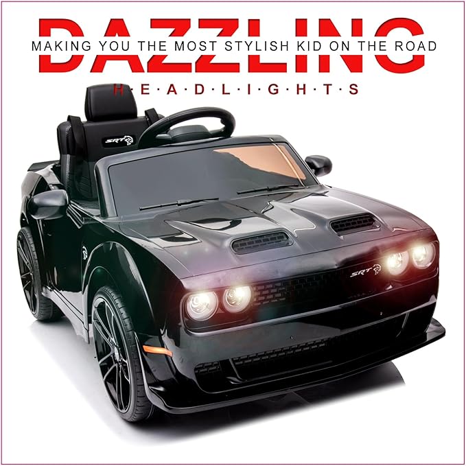 Kids Electric Car | Licensed Dodge Challenger Ride-On 12V Battery-Powered Vehicle with Remote, LED Lights, Bluetooth, MP3 for Boys and Girls, Black