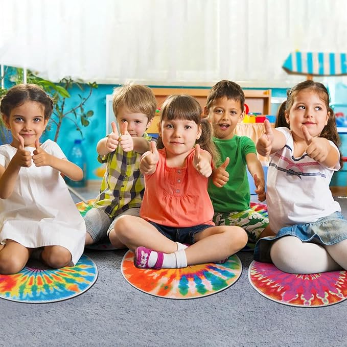 HiiARug Rainbow Carpet Circles for Classroom Sitting 12pcs Rainbow Crazy Carpet Circle Seats Colorful Children's Area Rug for Kids Playroom Daycare Preshool Room Decor 18"x18"