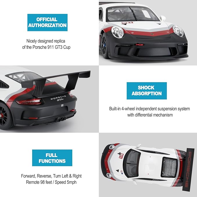 RASTAR RC 1/14 Porsche 911 GT3 Cup Remote Control Sports Car, Porsche Toy Car for Kids Drift RC Race Vehicle – White 2.4G