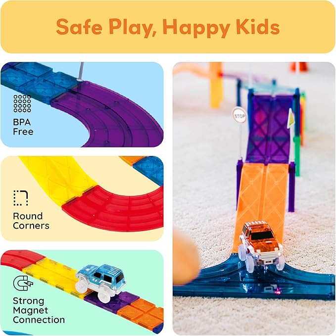 PicassoTiles Magnetic Race Track Toys Car Tracks Set for Toddlers Magnet Building Blocks Tiles Sensory Toys for Kids Include 2 Trucks STEM Engage in Thrilling Races Age 3+ Year Old Boys Girls