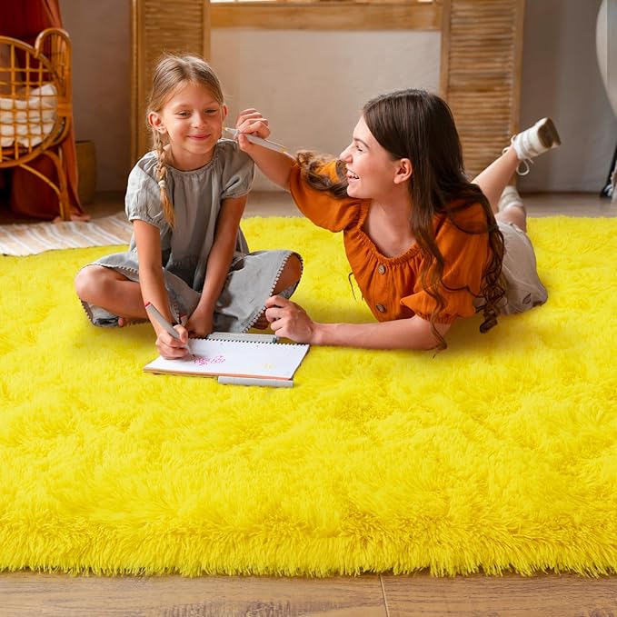 Super Fluffy Area Rug for Bedroom, Modern Shag Yellow Area Rugs, Soft Plush Small Carpet for Kids,Girls Boys and Teens Decorations for Living Room Dorm Nursery Classroom, 8x10 Feet