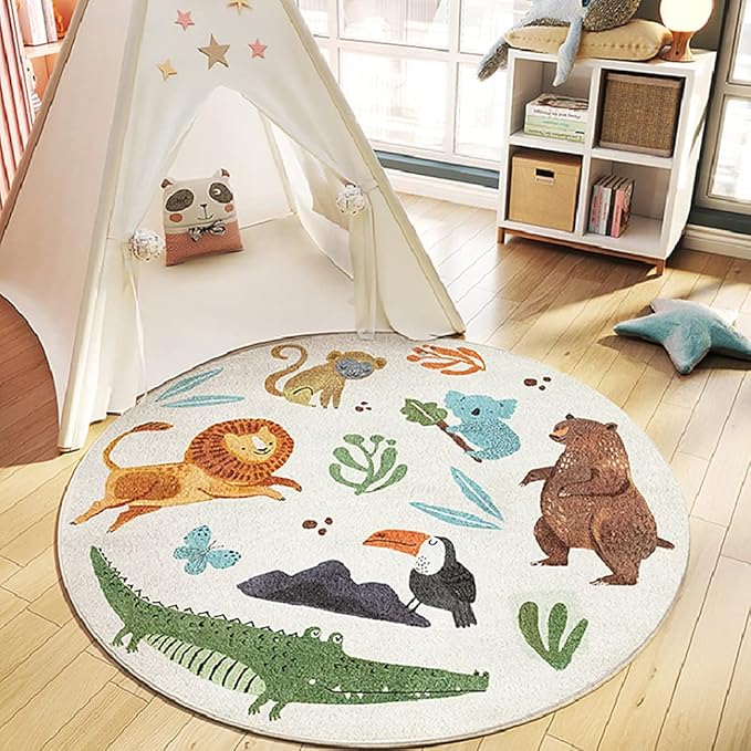 Poowe Kids Play Rug, Lovely Forest Round Area Rug Nursery Door Mat Soft Plush Non-Slip Carpet for Bedroom Living Room Playroom, 39.4