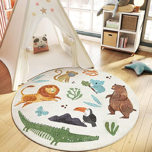 Poowe Kids Play Rug, Lovely Forest Round Area Rug Nursery Door Mat Soft Plush Non-Slip Carpet for Bedroom Living Room Playroom, 39.4