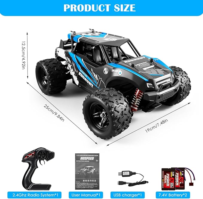 1:18 Scale RC Cars, 36 KM/H High Speed, 2.4 GHz Remote Control and 2 Rechargeable Batteries，4 Shock Absorbers, for Xmas (Blue)