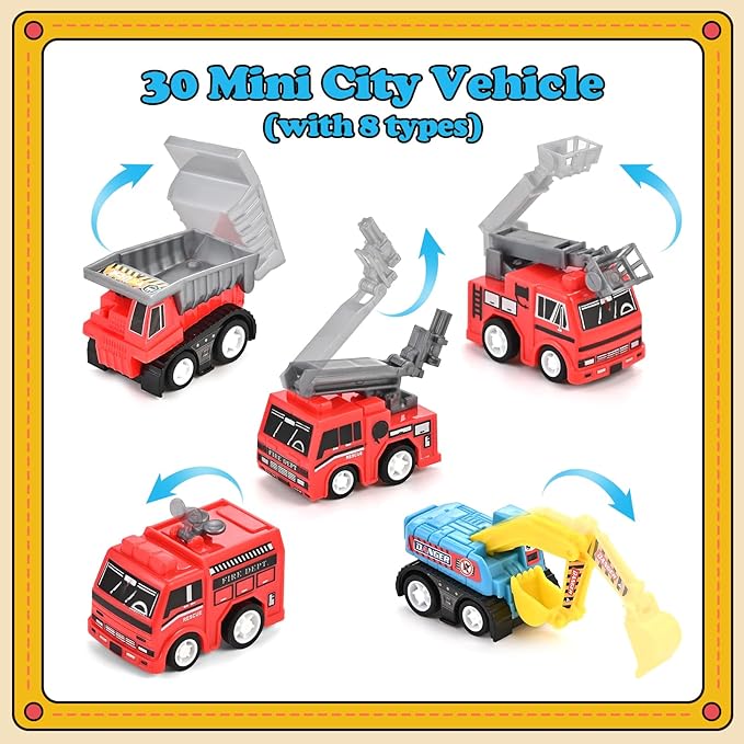 GOLDGE 30-Piece Pull-Back & Friction-Powered City Cars & Trucks Toy Vehicle Set for Toddlers, Boys & Girls – Educational Play, Stocking & Easter Basket Stuffers (30 City Cars and Trucks)