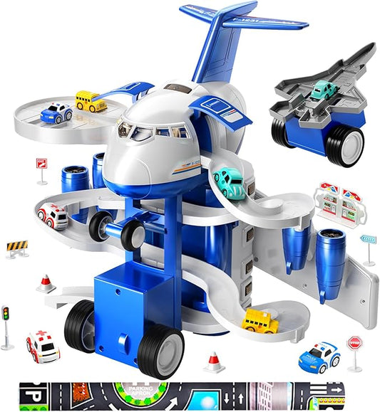 TEMI Kids Airplane Boy Toys for 3 4 5 Year Old Boys - Car Race Tracks for Kids Ages 3-5 with 8 Small Car Toys, Toddlers Educational Toy, Birthday Gifts for Boys 3-5, Birthday Gifts for Boys Girls 3-5