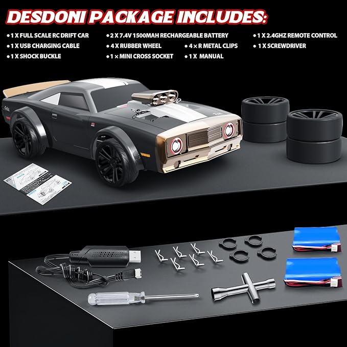 RC Drift Car 1/16 Scale 38KM/H Fast 4WD RC Car 2.4Ghz with 6 Modes of Light 2Pcs Rechargeable Batteries Racing for Boys and Adults Gift