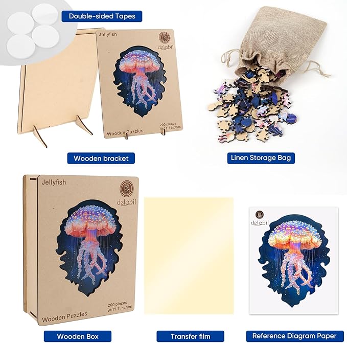 Wooden Puzzles for Adults, Jellyfish Jigsaw Puzzles 200 Pieces, Unique Shape Puzzles for Adults and Kids, 11.7 x 9 Inches Medium Size, Fun Challenging Puzzles Family Game