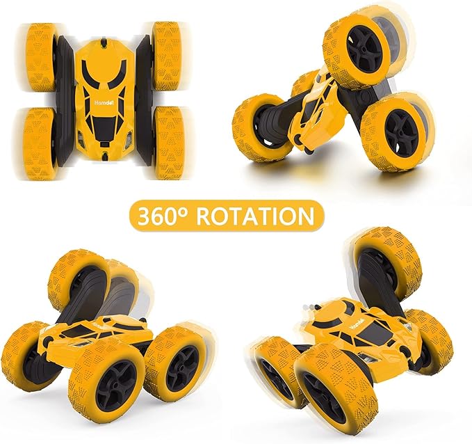 Remote Control Car Double Sided 360°Rotating 4WD RC Cars with Headlights 2.4GHz Electric Race Stunt Toy Car Rechargeable Toy Cars for Boys Girls Birthday (Yellow)