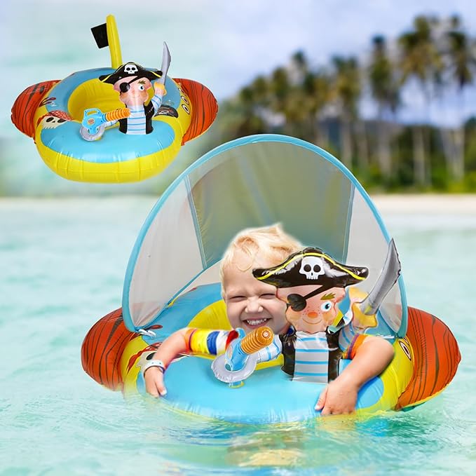 2X Thicken Inflatable Kids Pool Float with UPF 50+ Canopy Detachable,Pirate Ship Floaties with Captain & Water Gun,Swimming Pool Toys for Boys & Girls ，Toddlers ，Babies，Child,Summer Beach Outdoor Play