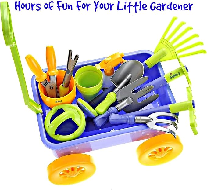 Dimple Garden Wagon & Tools Toy Set Premium 15 Pcs Kids Gardening Tools & Wagon Toy Set - Sturdy & Durable - Top Yd, Beach, Sand, Garden Play Set - Great for Kids & Toddlers