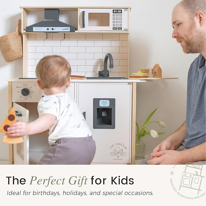 Tiny Land Play Kitchen for Kids, Wooden Kids Play Kitchen Playset Chef Pretend Play Set for Toddlers with Real Lights & Sounds, Toys Kitchen with 18 Pcs Toy Food & Cookware Accessories