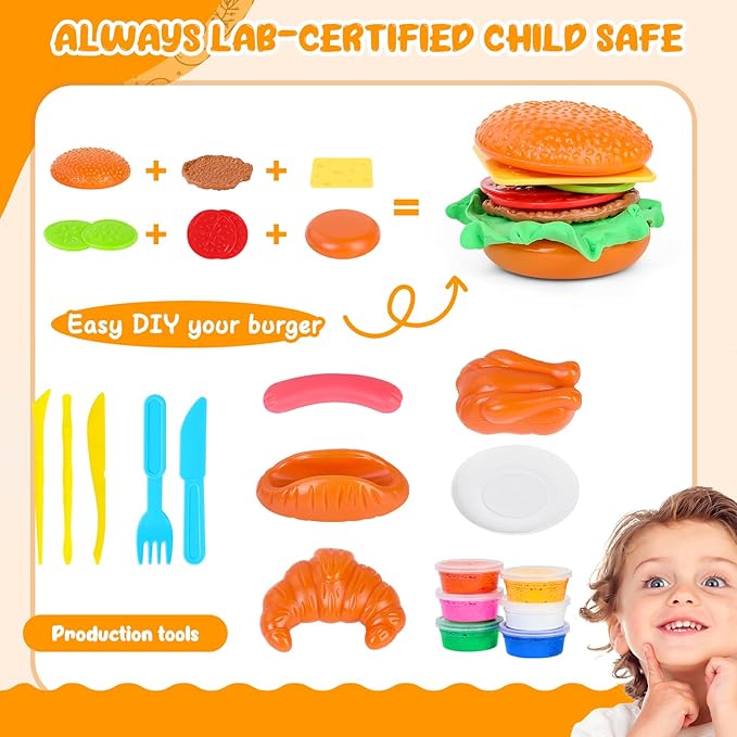 Microwave Kitchen Play Set with Light Sound for Kids with Pretend Fake Food and 6 Color DIY Play-Dough Clay Great for Toddlers 3 and Older Grils and Boys (Pink)