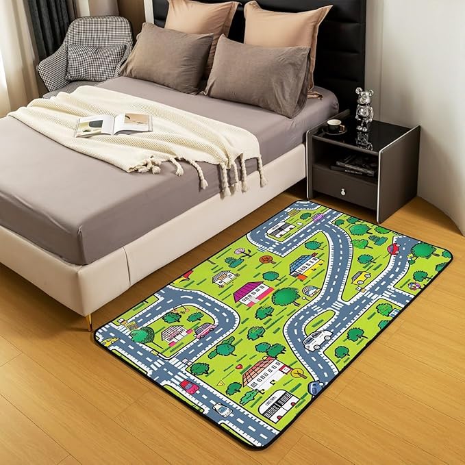 Erosebridal City Life Area Rug 3x5 Play Learn Fun Rug for Kids Children Cars Educational Road Traffic Carpet Cartoon Abstract Town Road Green Tree Non Slip Accent Rug