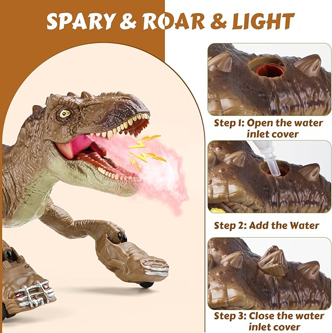 RC Tyrannosaurus Rex Dinosaur Toys for Kids 3-5, 5-7, 8-12, Remote Control T Rex Dino Robot Toy with Spray, Roar & Light, Birthday for 3 4 5 6 7 8 9 10 11 12 Year Old Boys (Brown)