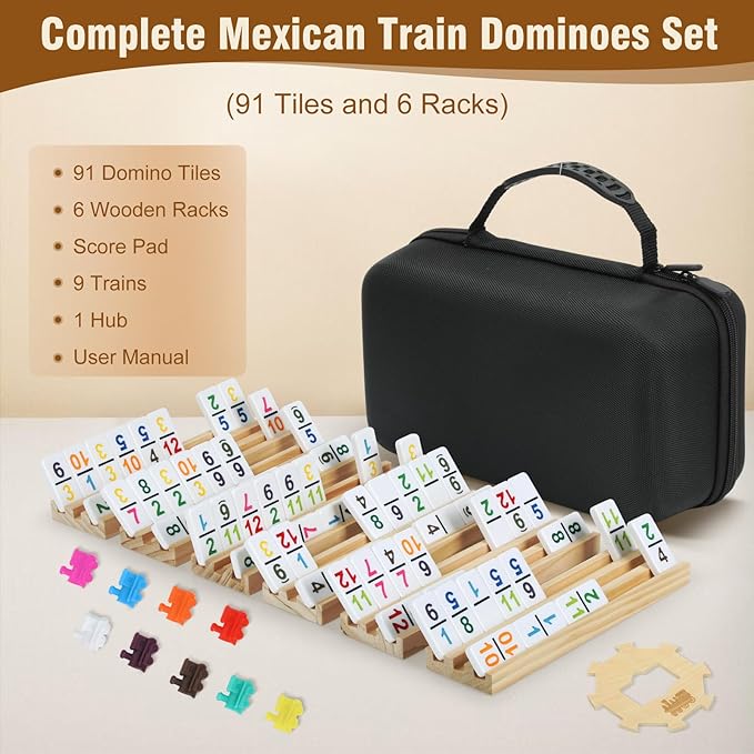 2-6 Players Mexican Train Dominoes Set with Numbers, 6 Wooden Racks, 91 Tiles, Portable Case, Dominos Set for Adults, Board Games for Adults, Valentines Day Gifts for Him Her Men Women Mom Dad