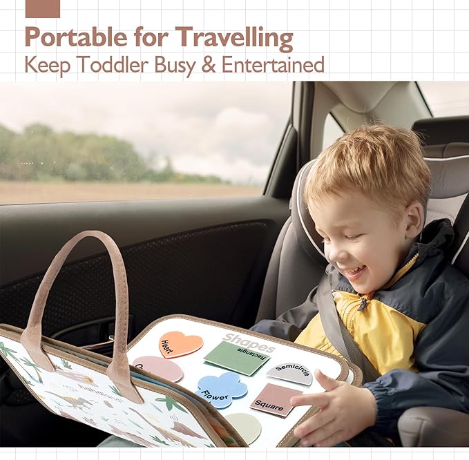 hahaland Montessori Busy Board for Toddlers 2-4 - 2 Year Old Boy Toys Birthday Gift - Travel Toys - Dinosaur, Alphabet, Number, Shape, Drawing, Life Skills