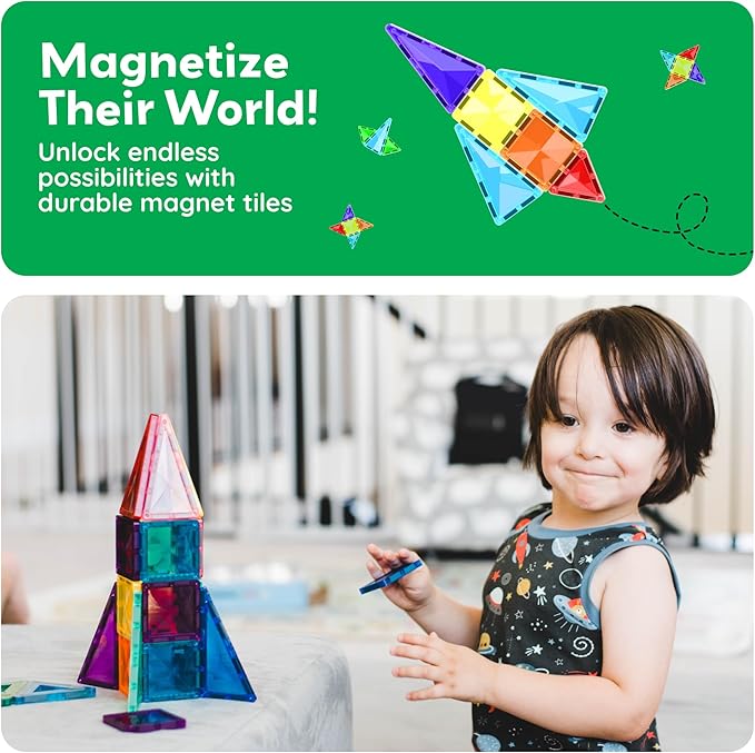 PicassoTiles 80 Pieces Magnetic Building Tiles Magnet Toys Diamond Educational Playset for STEM Sensory Gifts Kid Brain Development Stacking Blocks Construction Set