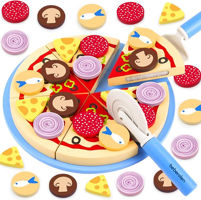 Wooden Pizza Play Food Set - 24 Pcs Cutting Toys, Pretend Play Kitchen Accessories for 3-5 Year Old Toddlers Boys & Girls
