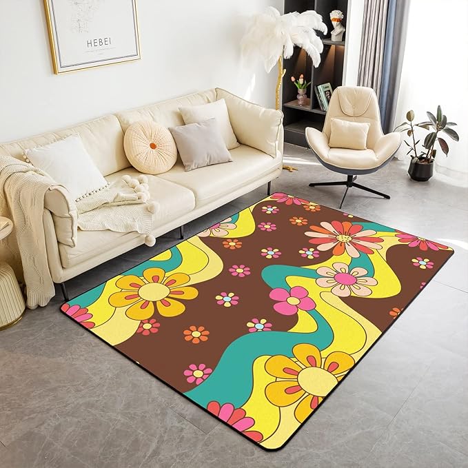 Erosebridal 70S Groovy Flowers Area Rug 5'x6'6'' Psychedelic Hippie Flower Carpet Groovy Floral Decorative Rug for Kids Girls Teen,Cute Boho Wavy Aesthetic Non Shedding Indoor Floor Mat