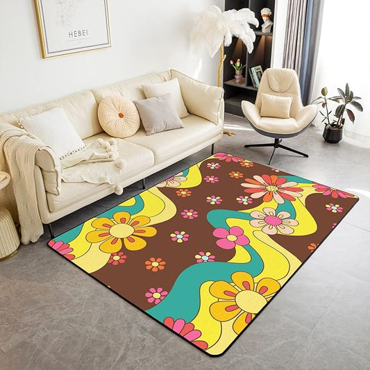 Erosebridal 70S Groovy Flowers Area Rug 5x7 Psychedelic Hippie Flower Carpet Groovy Floral Decorative Rug for Kids Girls Teen,Cute Boho Wavy Aesthetic Non Shedding Indoor Floor Mat