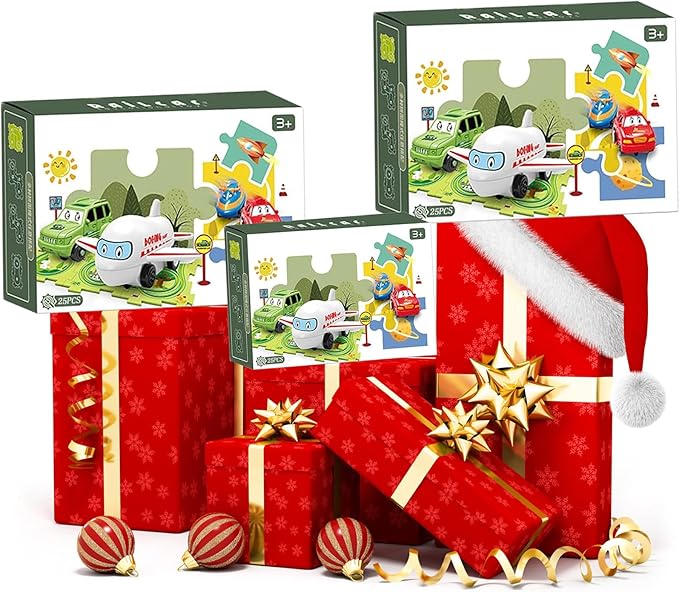 25PCS Puzzle Racer Kids Car Track Set, Dinosaur Jigsaw Puzzle Racer Car Track Set Puzzle Track Car Play Set Preschool Gifts for Kids Christmas Birthday Gift for Boys Girls