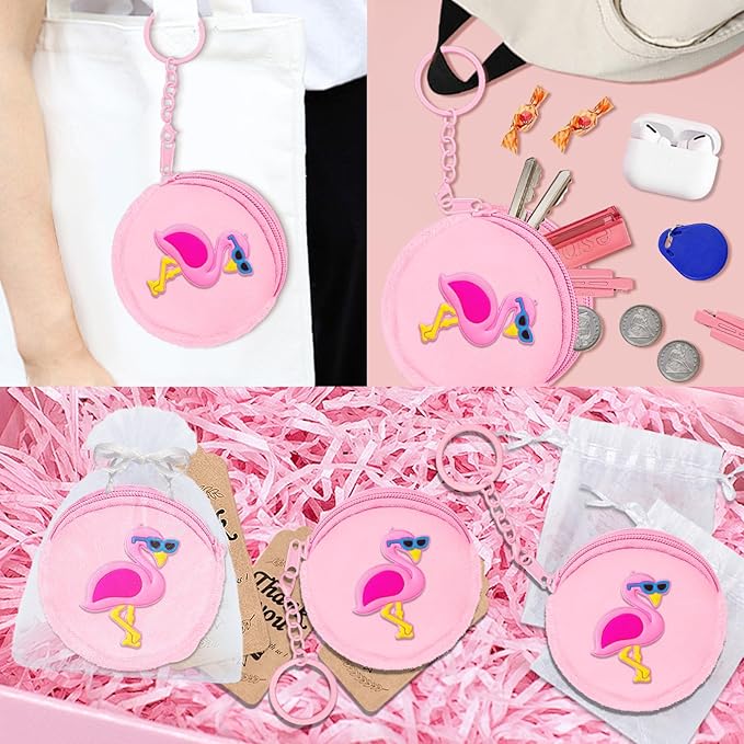 15 Pack Flamingo Mini Coin Purses with Keyring for Summer Holiday Luau Tropical Hawaiian Party Supplies, Present for Friends, Creative Souvenirs, Kids Birthday Party,Pink