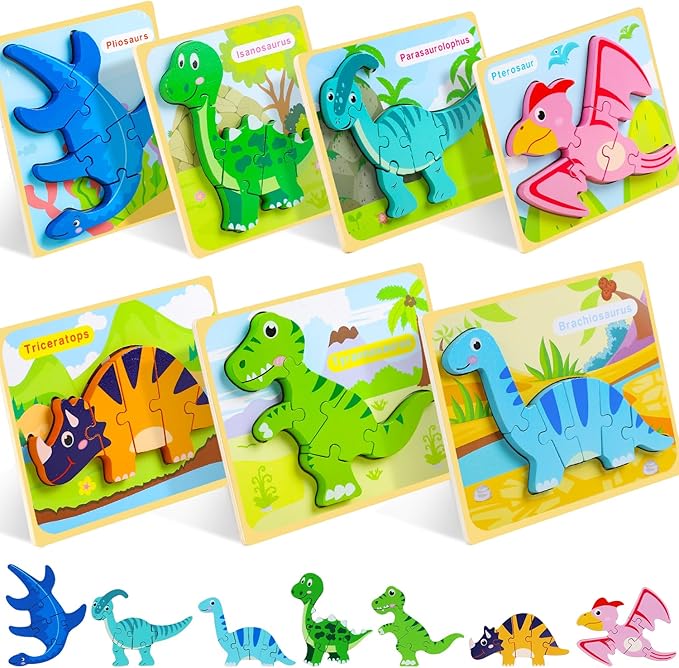 TOY Life Toddler Puzzles Ages 2-4, Wooden Puzzles for Toddlers 1-3, 7 Piece Dinosaur Puzzle 2 Year Old, Toddler Puzzles Ages 1-3, Toddler Boy Toys 2-3, Educational Toys for Toddlers 3-5