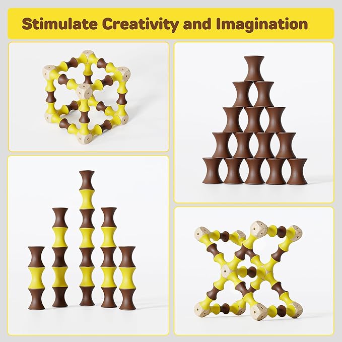 TZJ201, Wooden Building Blocks for Kids, 60Pcs SPINING Stacking Blocks, Durable & Safe Wood, STEM Learning Toys with Canvas Bag, Montessori Toys for Toddler 1-3, for Home, School, Travel