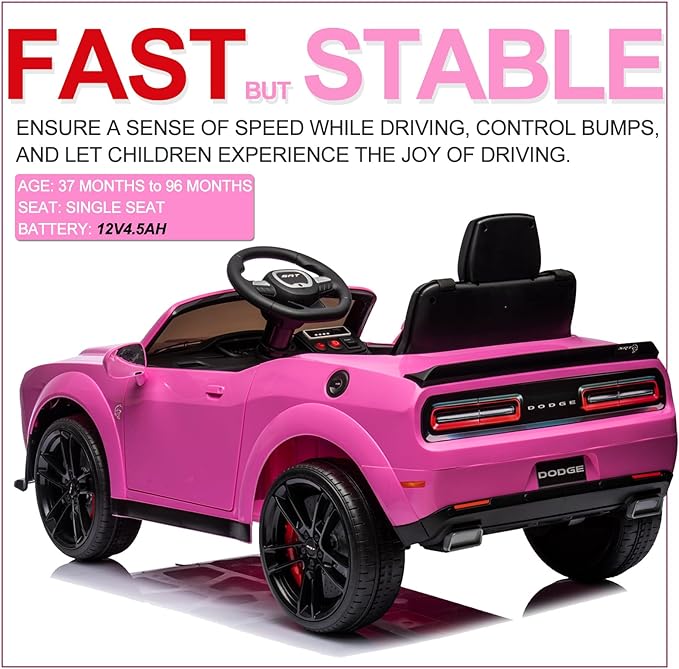 Kids Electric Car | Licensed Dodge Challenger Ride-On 12V Battery-Powered Vehicle with Remote, LED Lights, Bluetooth, MP3 for Boys and Girls, Pink