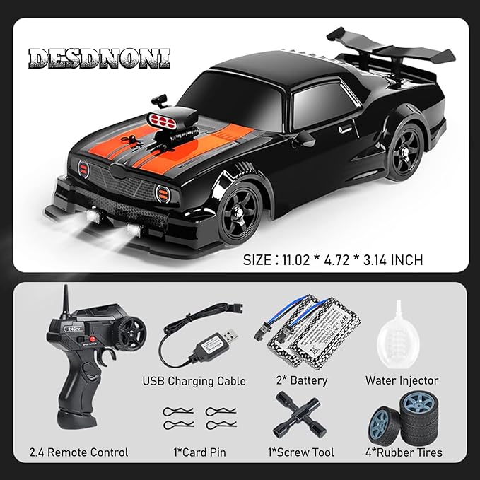 Remote Control Car RC Drift Car 1:16 Scale 4WD 18KM/H High Speed Model Vehicle 2.4GHz with LED Lights Spray Rubber Tire Racing Sport Toy for Adults Boys Girls Kids Gift 2Pcs Rechargeable Batteries