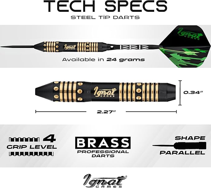 IgnatGames Steel Tip Darts Set - 3/6/12 Pack Brass Darts Metal Tip Set with Exquisite Case - Aluminum Shafts, 2 Sets of Flights, Dart Tool & Sharpener