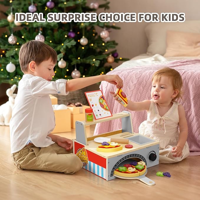 Wooden Pizza Toy Kids Pizza Counter Playset, Montessori Pretend Play Kitchen Accessories with Toy Food, Bake Oven, Role Play Set for 3 4 5 6 Year Old Boys Girls