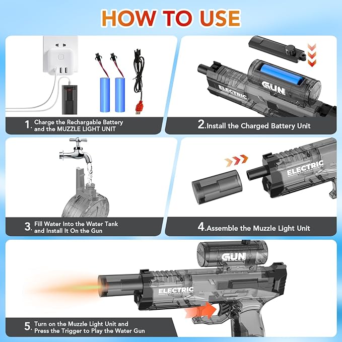 Electric Water Gun with Muzzle Light,Auto Water Soaker Blaster,Squirt Gun Range 23-32 FT,Outdoor Party Summer Water Shooting Game Toy with 2 Batteries,Ideal Watergun Easter Gift for Kids & Youths.
