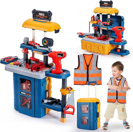 ‌3-in-1 Kids & Toddler Tool Bench with Working Electric Drill - Realistic Construction Toys Learning Set for Ages 2-6, Interactive Workshop Playset for Birthday & Christmas